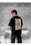 Ön Ve Arka Baskılı Oversize Bisiklet Yaka T-shirt - Siyah