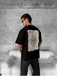 Ön Ve Arka Baskılı Oversize Bisiklet Yaka T-shirt - Siyah