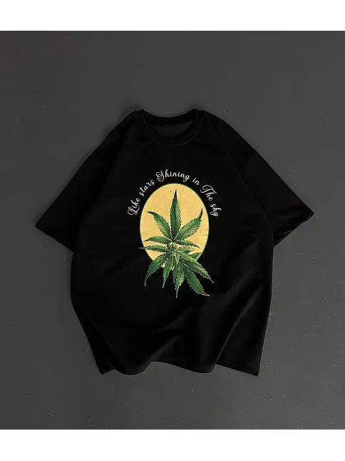 Ön Ve Arka Baskılı Oversize Bisiklet Yaka T-shirt- Siyah