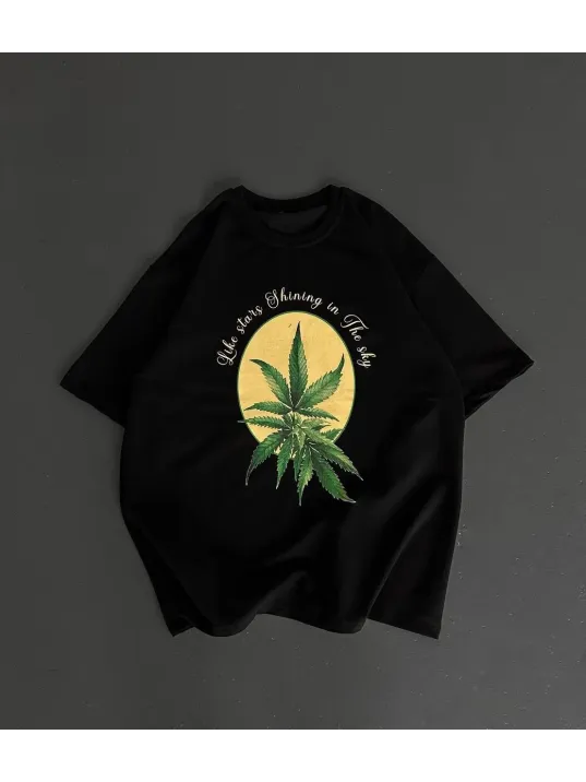 Ön ve Arka Baskılı Oversize Bisiklet Yaka T-shirt- Siyah Ön ve Arka Baskılı Oversize Bisiklet Yaka T-shirt- Siyah