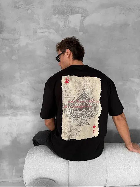 Ön Ve Arka Baskılı Oversize Bisiklet Yaka T-shirt - Siyah