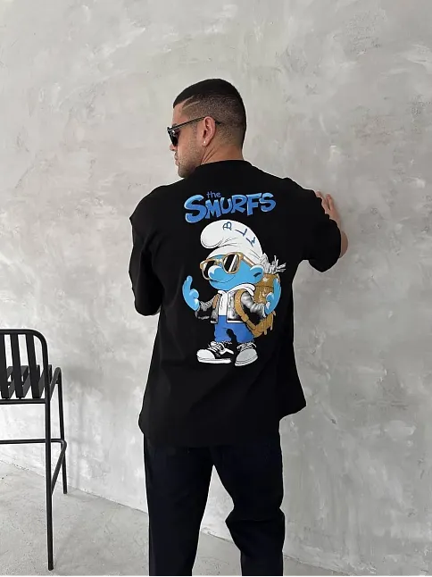 Ön Ve Arka Baskılı Oversize Bisiklet Yaka T-shirt- Siyah