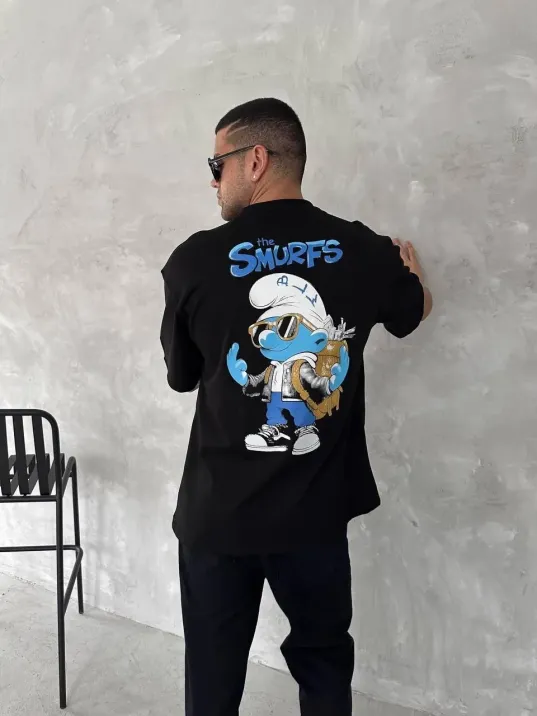 Ön ve Arka Baskılı Oversize Bisiklet Yaka T-shirt- Siyah