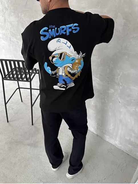 Ön Ve Arka Baskılı Oversize Bisiklet Yaka T-shirt- Siyah