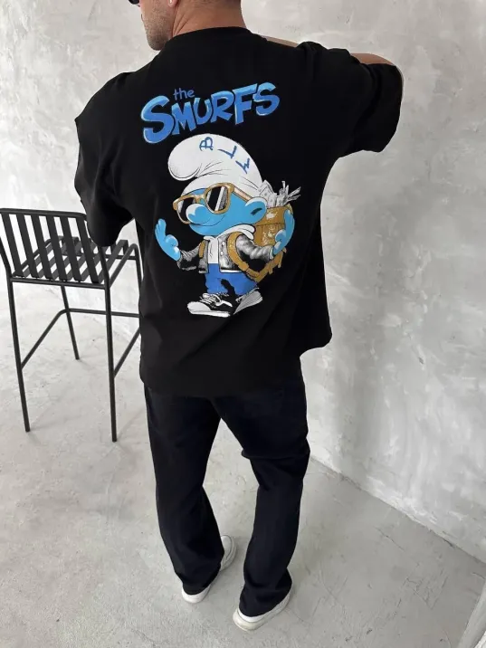 Ön ve Arka Baskılı Oversize Bisiklet Yaka T-shirt- Siyah