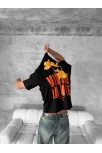 Ön Ve Arka Baskılı Oversize Bisiklet Yaka T-shirt- Siyah
