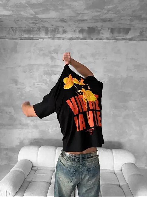 Ön Ve Arka Baskılı Oversize Bisiklet Yaka T-shirt- Siyah