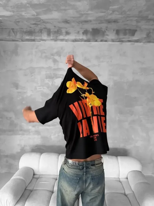 Ön ve Arka Baskılı Oversize Bisiklet Yaka T-shirt- Siyah