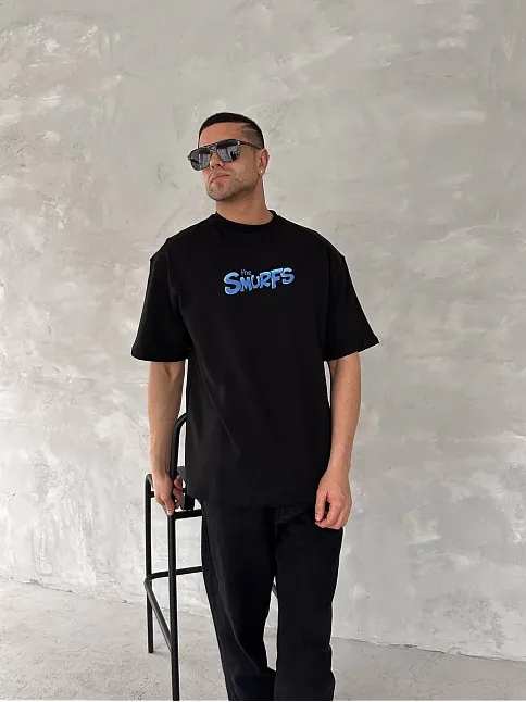 Ön Ve Arka Baskılı Oversize Bisiklet Yaka T-shirt- Siyah