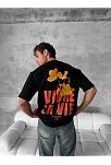Ön Ve Arka Baskılı Oversize Bisiklet Yaka T-shirt- Siyah