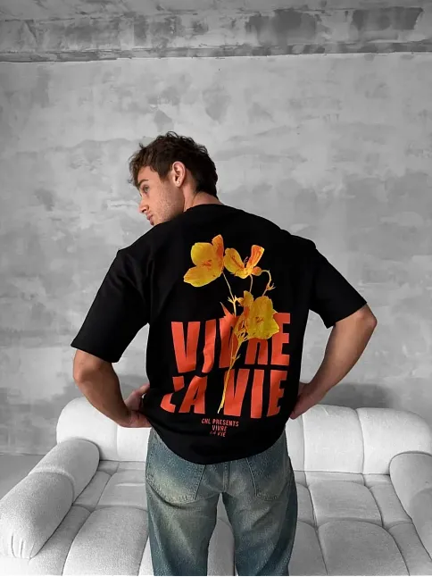 Ön Ve Arka Baskılı Oversize Bisiklet Yaka T-shirt- Siyah