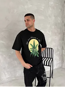 Ön Ve Arka Baskılı Oversize Bisiklet Yaka T-shirt- Siyah