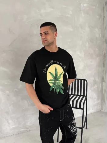 Ön ve Arka Baskılı Oversize Bisiklet Yaka T-shirt- Siyah