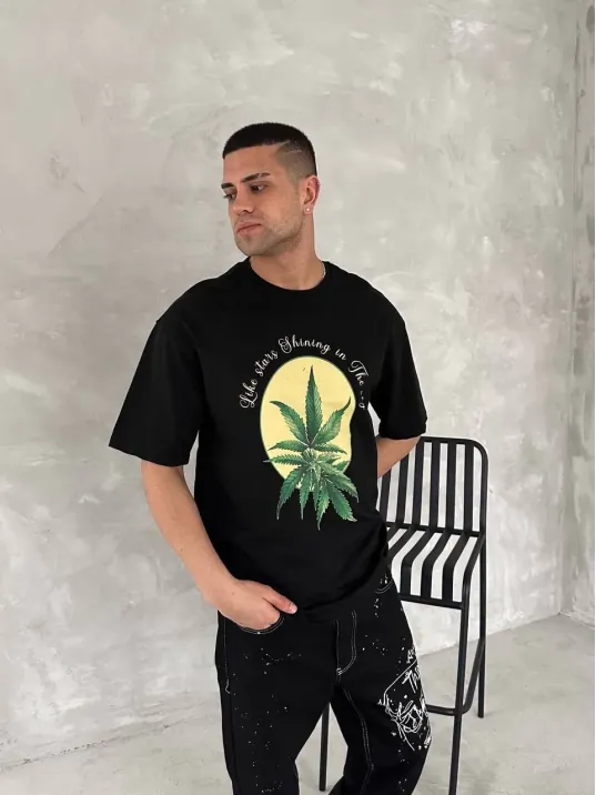 Ön ve Arka Baskılı Oversize Bisiklet Yaka T-shirt- Siyah