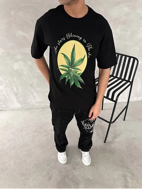Ön Ve Arka Baskılı Oversize Bisiklet Yaka T-shirt- Siyah