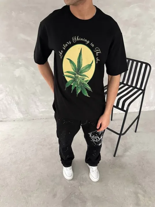 Ön ve Arka Baskılı Oversize Bisiklet Yaka T-shirt- Siyah