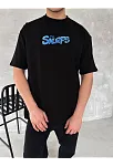 Ön Ve Arka Baskılı Oversize Bisiklet Yaka T-shirt- Siyah