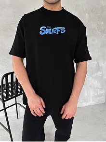 Ön Ve Arka Baskılı Oversize Bisiklet Yaka T-shirt- Siyah