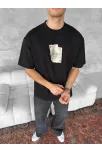 Ön Ve Arka Baskılı Oversize Bisiklet Yaka T-shirt - Siyah