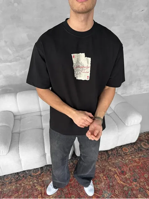 Ön Ve Arka Baskılı Oversize Bisiklet Yaka T-shirt - Siyah