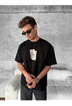 Ön Ve Arka Baskılı Oversize Bisiklet Yaka T-shirt - Siyah