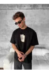 Ön Ve Arka Baskılı Oversize Bisiklet Yaka T-shirt - Siyah