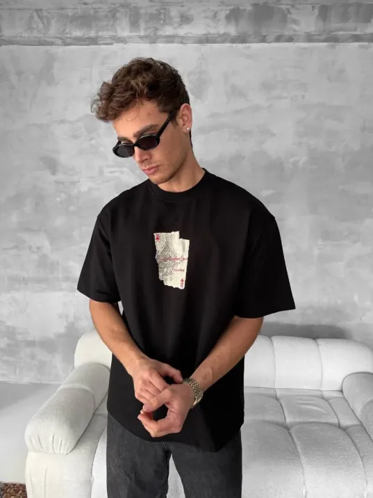 Ön ve Arka Baskılı Oversize Bisiklet Yaka T-shirt - Siyah