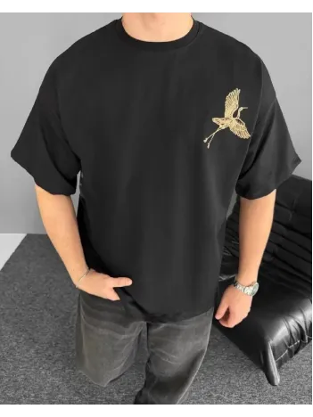 Ön ve Arka Baskılı Oversize Bisiklet Yaka T-shirt - Siyah