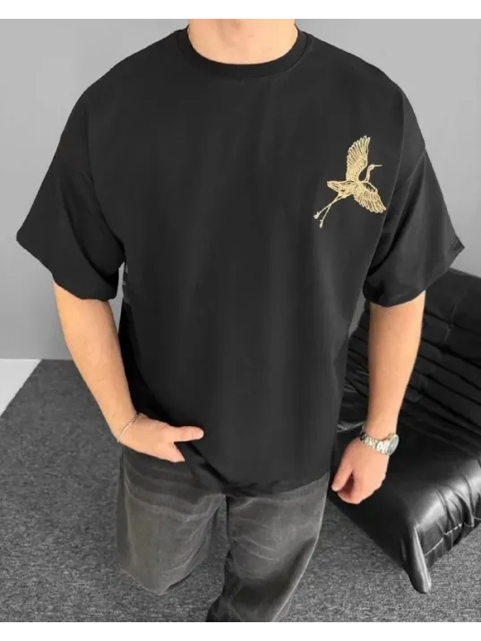 Ön ve Arka Baskılı Oversize Bisiklet Yaka T-shirt - Siyah