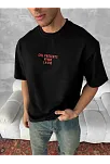 Ön Ve Arka Baskılı Oversize Bisiklet Yaka T-shirt- Siyah