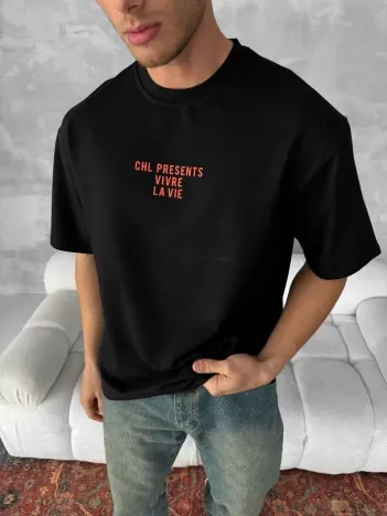 Ön ve Arka Baskılı Oversize Bisiklet Yaka T-shirt- Siyah Ön ve Arka Baskılı Oversize Bisiklet Yaka T-shirt- Siyah