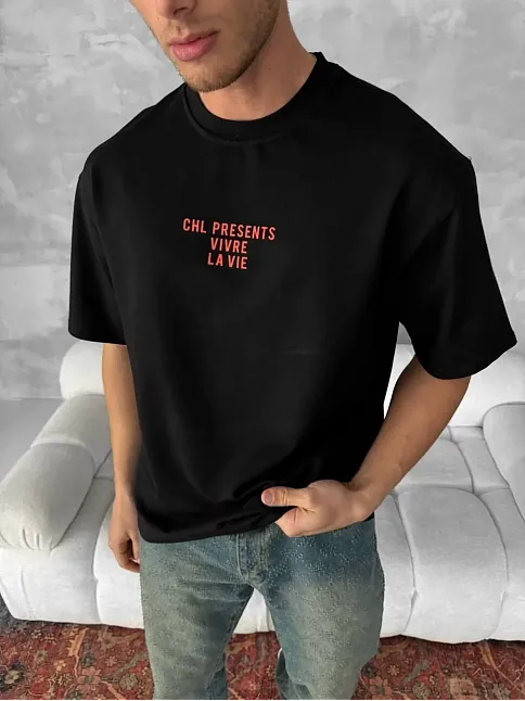Ön Ve Arka Baskılı Oversize Bisiklet Yaka T-shirt- Siyah