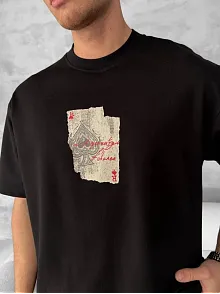 Ön Ve Arka Baskılı Oversize Bisiklet Yaka T-shirt - Siyah