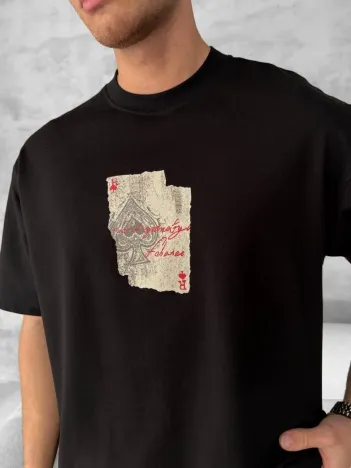 Ön ve Arka Baskılı Oversize Bisiklet Yaka T-shirt - Siyah Ön ve Arka Baskılı Oversize Bisiklet Yaka T-shirt - Siyah