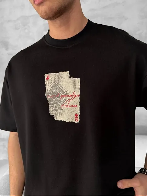 Ön Ve Arka Baskılı Oversize Bisiklet Yaka T-shirt - Siyah