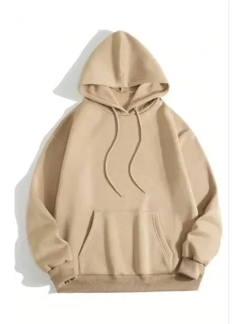 3 İplik Pamuklu Unisex Kapşonlu Sweetshirt - Bej