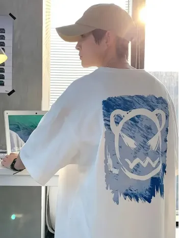 20/1 Penye Compack Bisiklet Yaka Kore Tarzı Sevimli Ayı Baskı Kısa Kol Erkek T-shirt - Beyaz