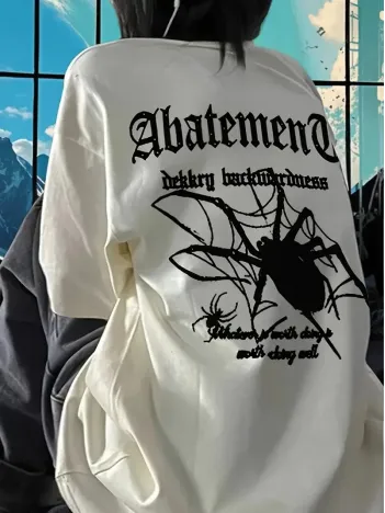 Örümcek Ağı Desenli Baskılı Oversize Bisiklet Yaka T-shirt  - Beyaz