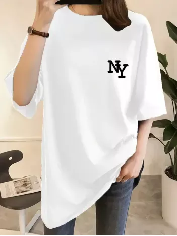 Kadın Eğlenceli Harf Ny Baskılı Bisiklet Yaka Tişört - Rahat Polyester, Makinede Yıkanabilir - Yaz Ve Fitness İçin Mükemmel, Yuvarlak Yaka- Beyaz