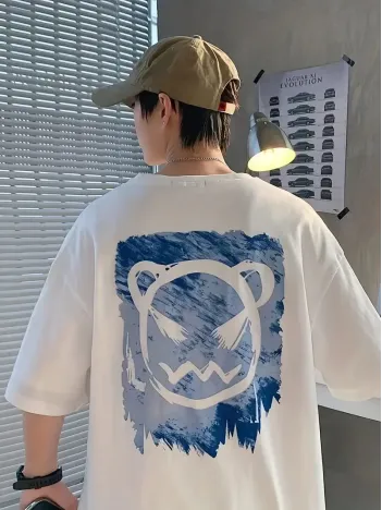 20/1 Penye Compack Bisiklet Yaka Kore Tarzı Sevimli Ayı Baskı Kısa Kol Erkek T-shirt - Beyaz