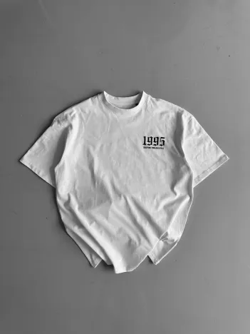 20/1 Penye Compack Baskılı Oversize Bisiklet Yaka Kısa Kol Yazlık T-shirt - Beyaz