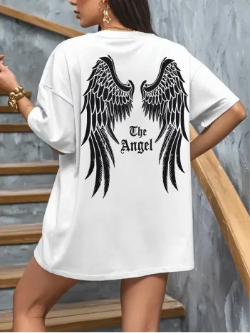 20/1 Penye Compack Dark Angel Baskılı Oversize Kısa Kol Yazlık T-shirt- Beyaz