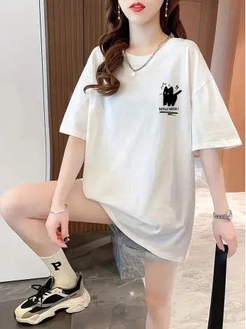 20/1 Penye Compack Tatlı Kedi Baskılı Oversize Bisiklet Yaka T-shirt - Beyaz