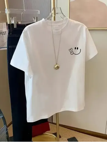 20/1 Penye Compack Gülücük Baskılı Oversize Bisiklet Yaka Kısa Kol Yazlık T-shirt - Beyaz