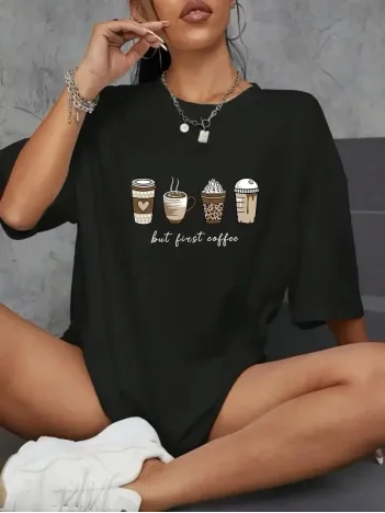 20/1 Penye Compack Baskılı Oversize Kahve Desenli Kadın Kısa Kol Yazlık T-shirt - Siyah