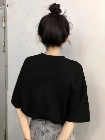 20/1 Penye Compack Baskılı Oversize Kısa Kol Bisiklet Yaka T-shirt - Siyah