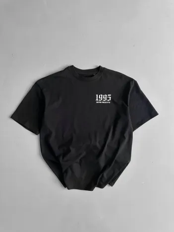 20/1 Penye Compack Baskılı Oversize Bisiklet Yaka Kısa Kol Yazlık T-shirt - Siyah