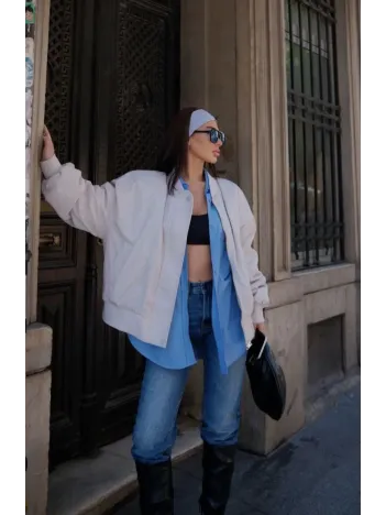 Cepli Bomber Ceket Mont - Beyaz