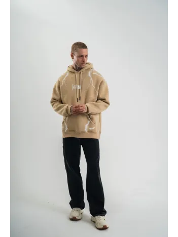 Double Oversize Kapşonlu Şimşek Pano Baskılı Sweatshirt - Bej Double Oversize Kapşonlu Şimşek Pano Baskılı Sweatshirt - Bej