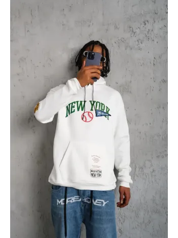 Erkek Baskılı Kapüşonlu Sweatshirt - Beyaz